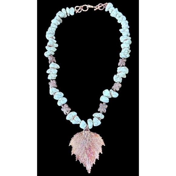 Handmade Jewelry - 18" Copper & White Calcite Bead Necklace with Copper Beads & Copper Leaf Pendant